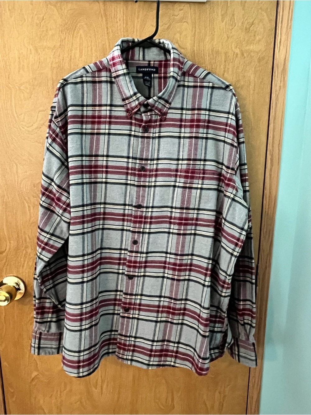 Lands' End Men's Gray Burgundy Black Soft Plaid Flannel Shirt Pocket SZ XXL  EUC
